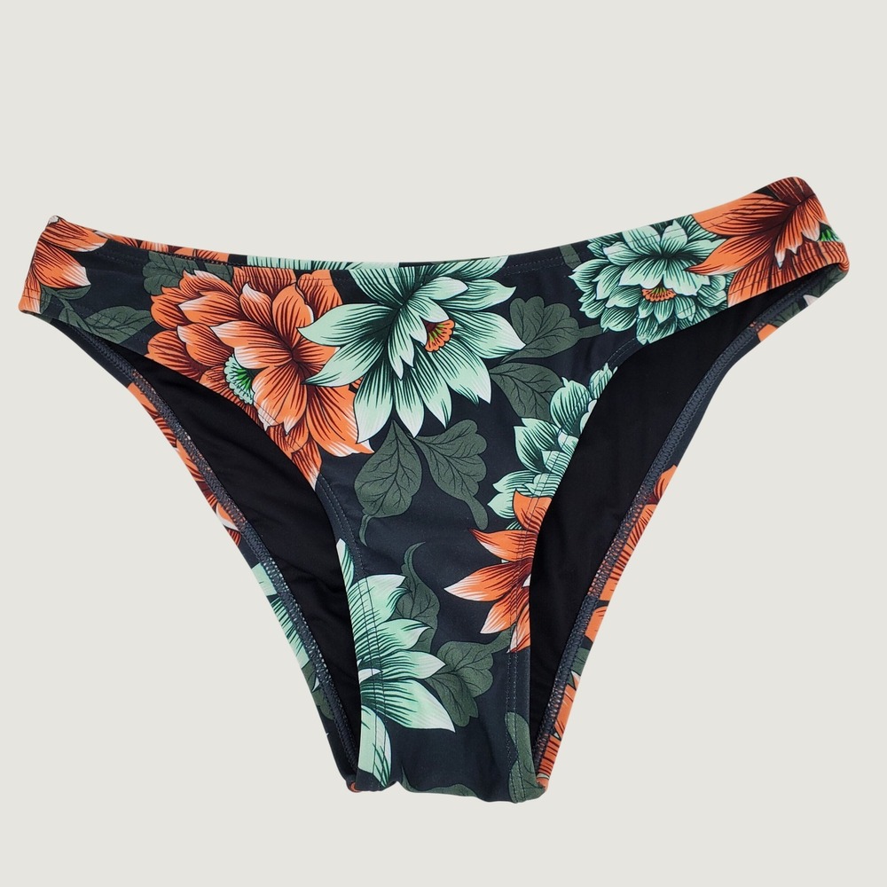 Cupshe‎ Floral Bikini Swim Bottom Small Black Orange Green Lined Stretch New